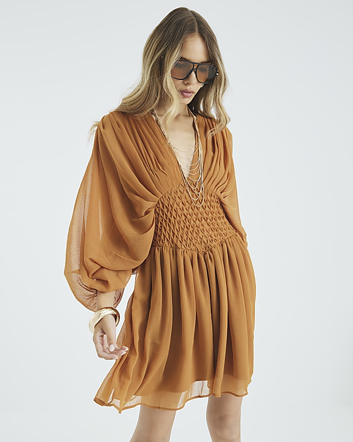 Yellow Long Sleeve Smock Mini Dress