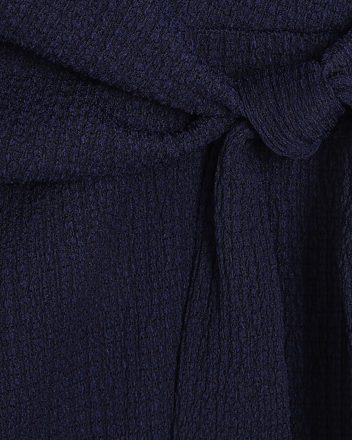 Navy Textured Tie Waist Midi Dress