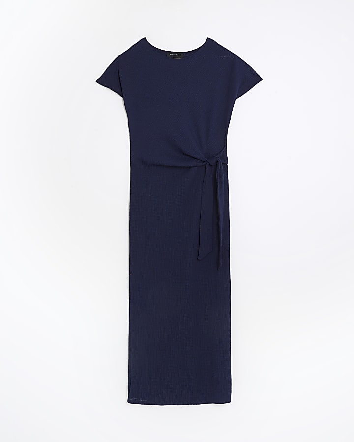 Navy Textured Tie Waist Midi Dress