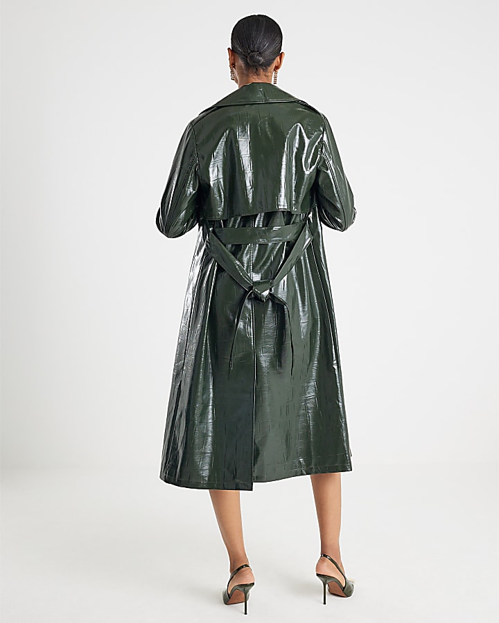 Green Faux Leather Croc Texture Trench Coat