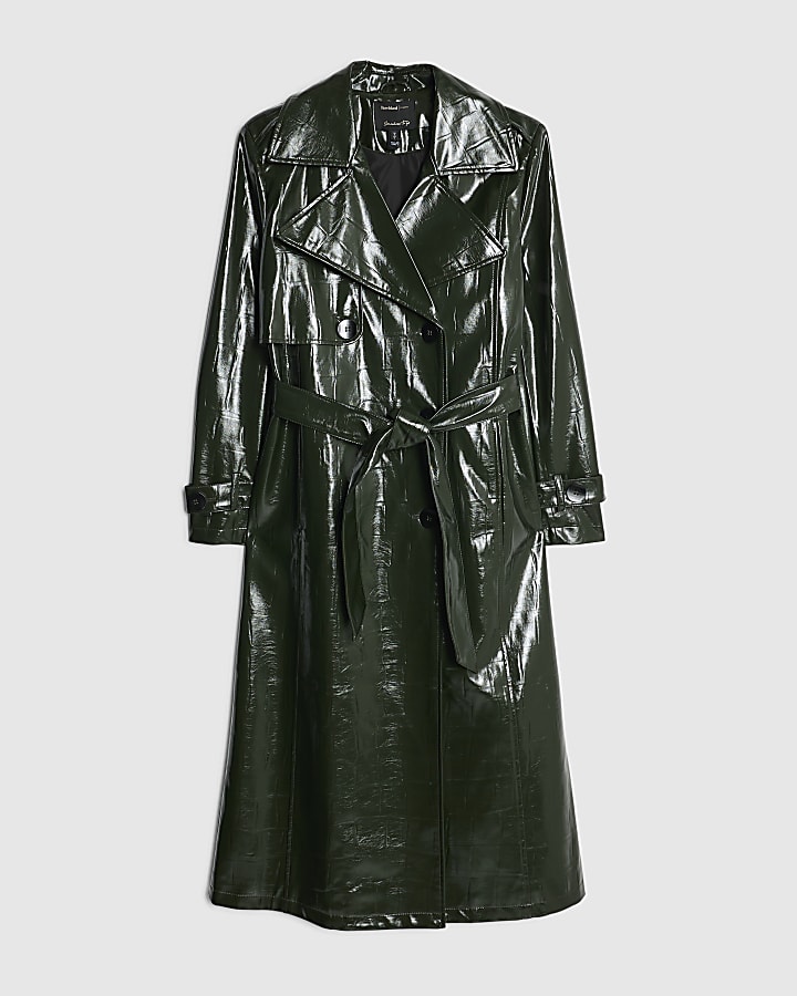 Green Faux Leather Croc Texture Trench Coat