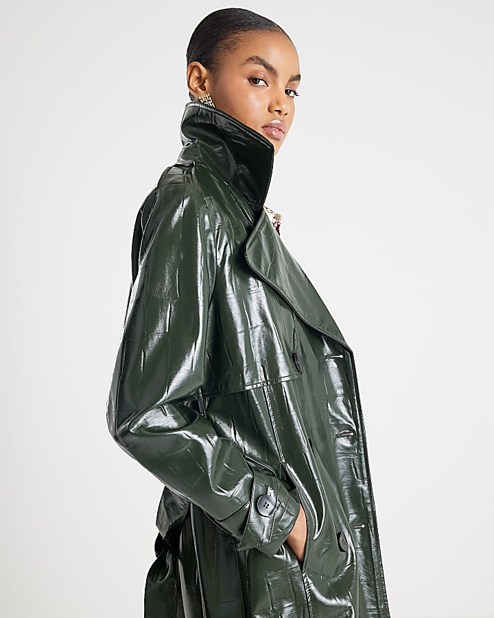 Green Faux Leather Croc Texture Trench Coat