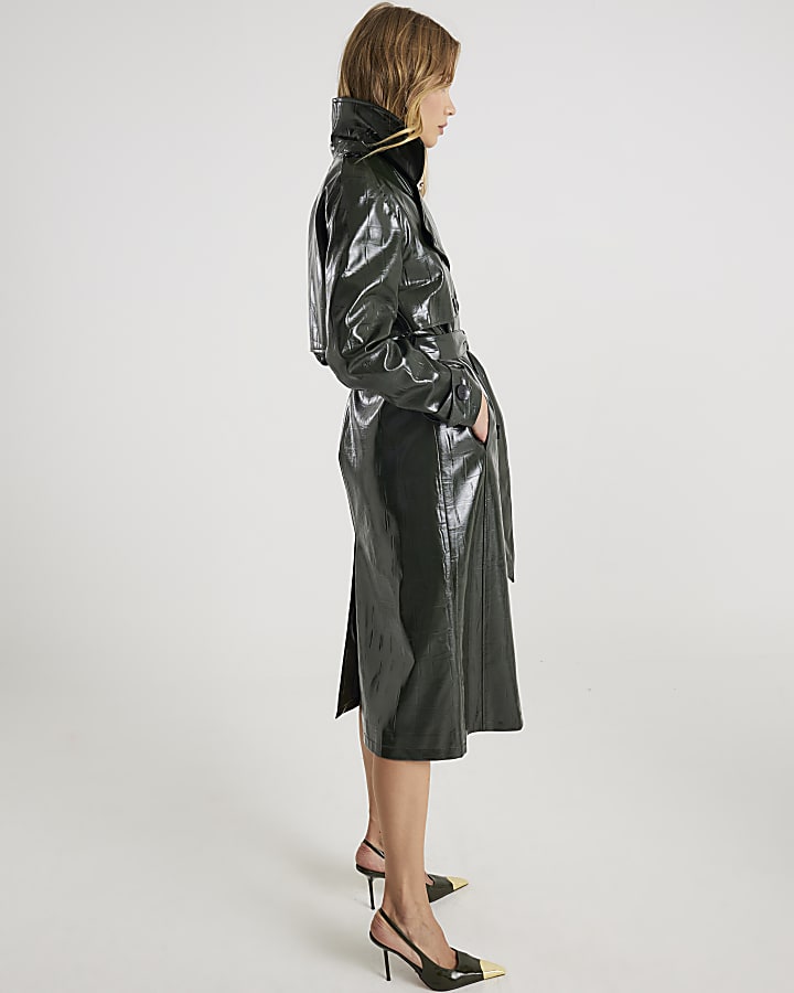 Green Faux Leather Croc Texture Trench Coat