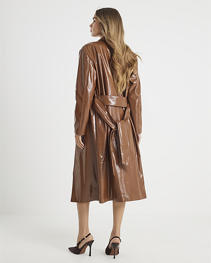 Brown Faux Leather Belted Trench Coat