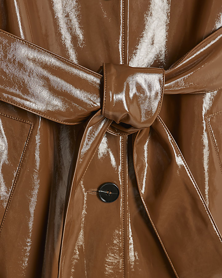 Brown Faux Leather Belted Trench Coat