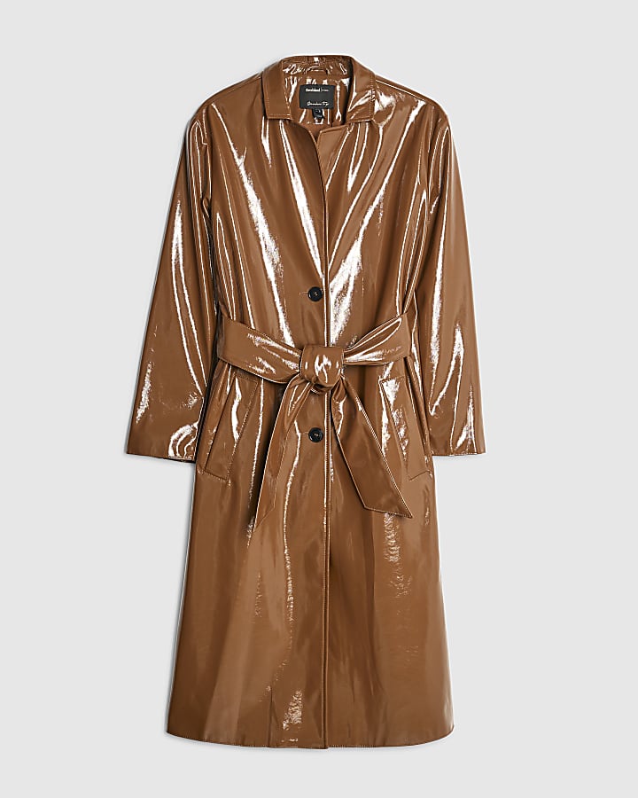 Brown Faux Leather Belted Trench Coat