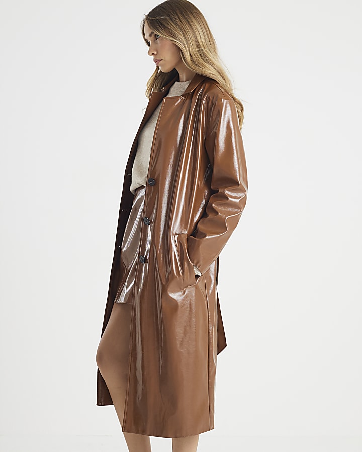 Brown Faux Leather Belted Trench Coat