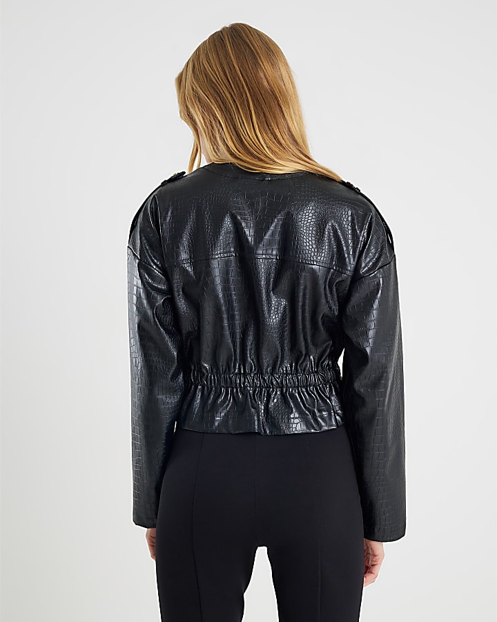 Black Faux Leather Croc Print Peplum Jacket