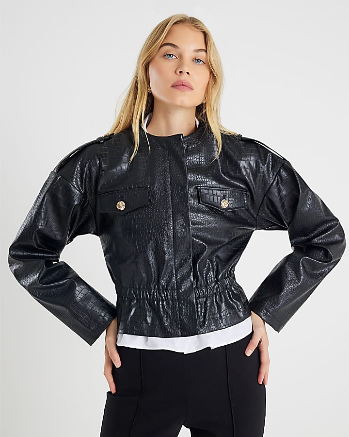 Black Faux Leather Croc Print Peplum Jacket