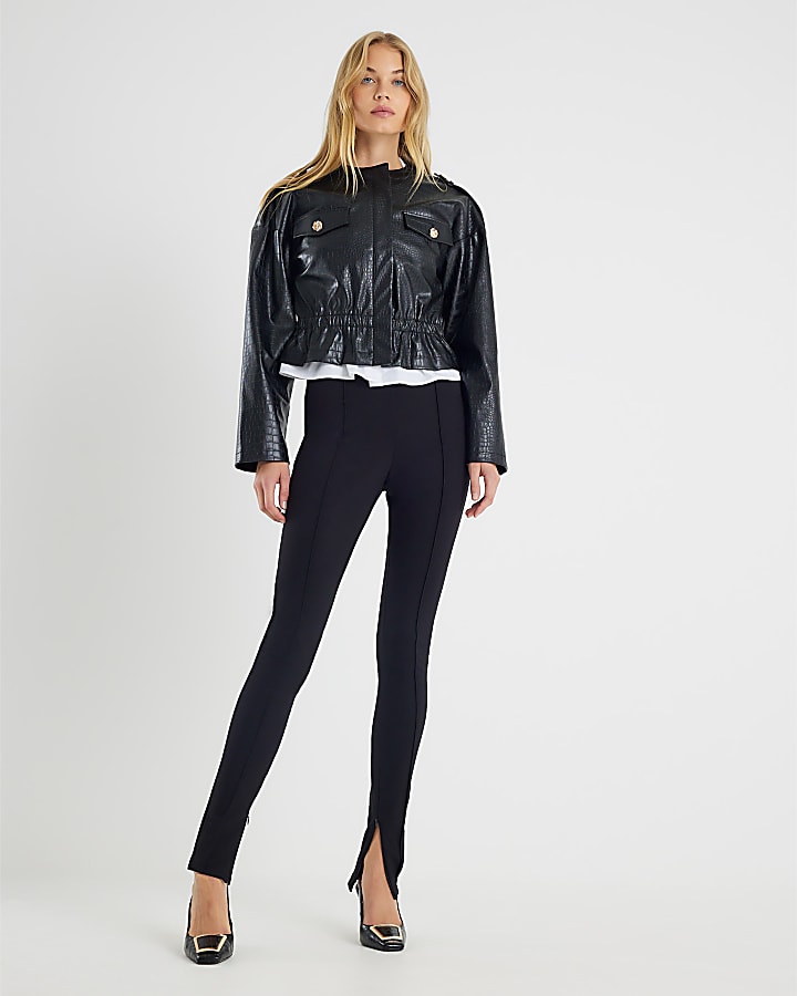 Black Faux Leather Croc Print Peplum Jacket