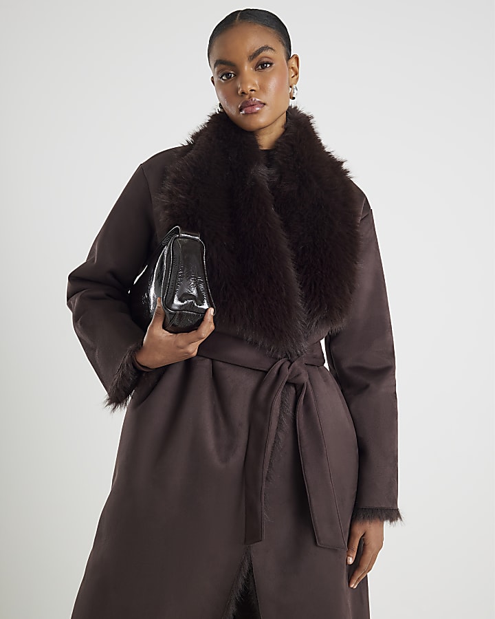 Brown Waterfall Faux Fur Coat