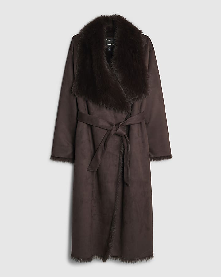 Brown Waterfall Faux Fur Coat