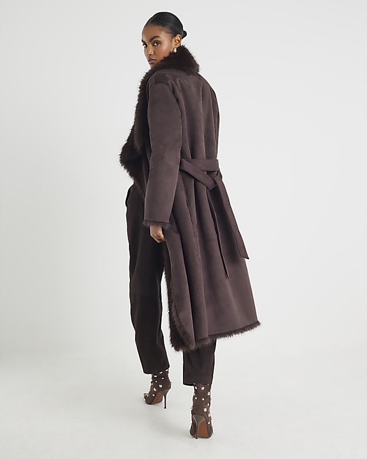 Brown Waterfall Faux Fur Coat