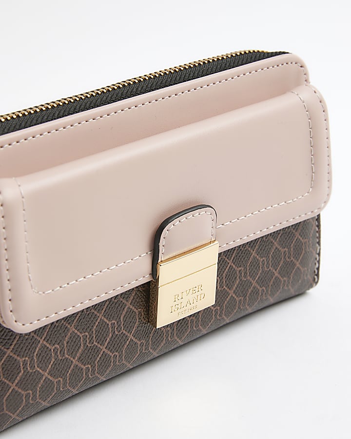 Pink RI Monogram Print Lock Front Purse