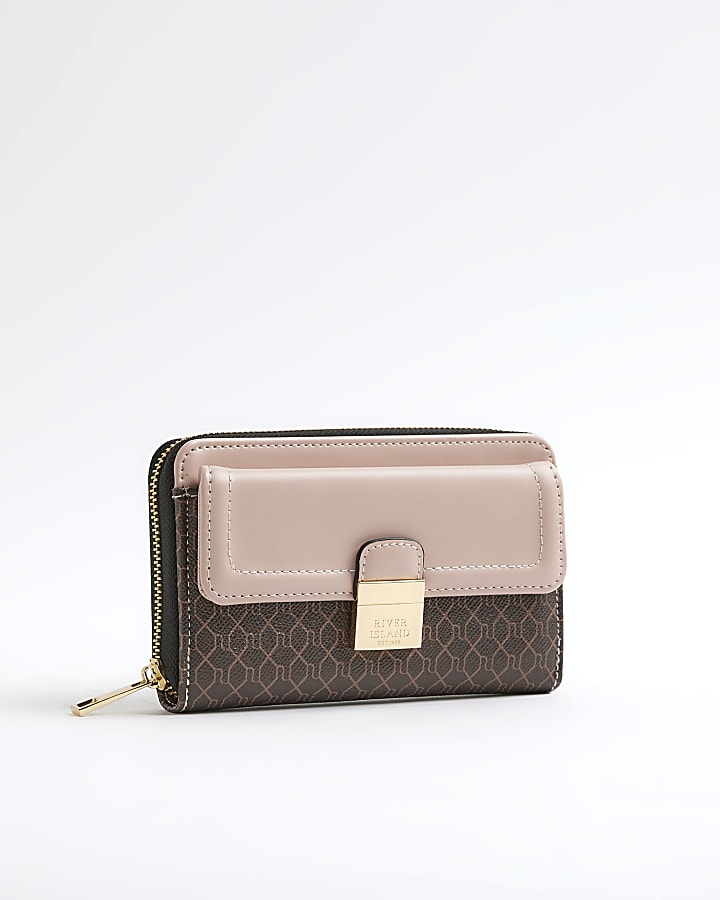 Pink RI Monogram Print Lock Front Purse