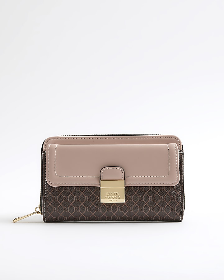 Pink RI Monogram Print Lock Front Purse