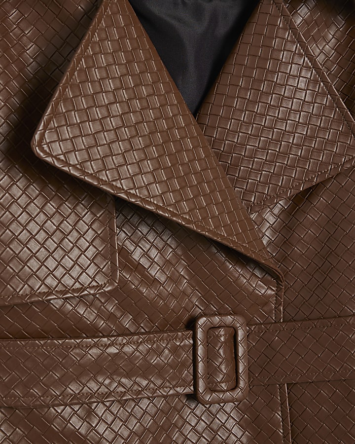 Brown Faux Leather Woven Trench jacket