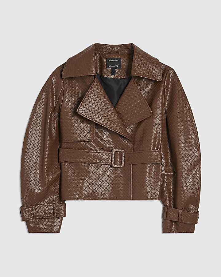 Brown Faux Leather Woven Trench jacket