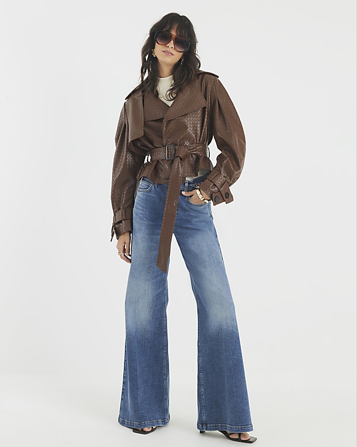 Brown Faux Leather Woven Trench jacket
