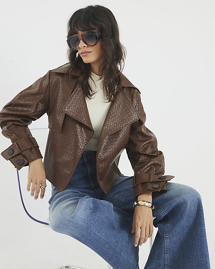 Brown Faux Leather Woven Trench jacket