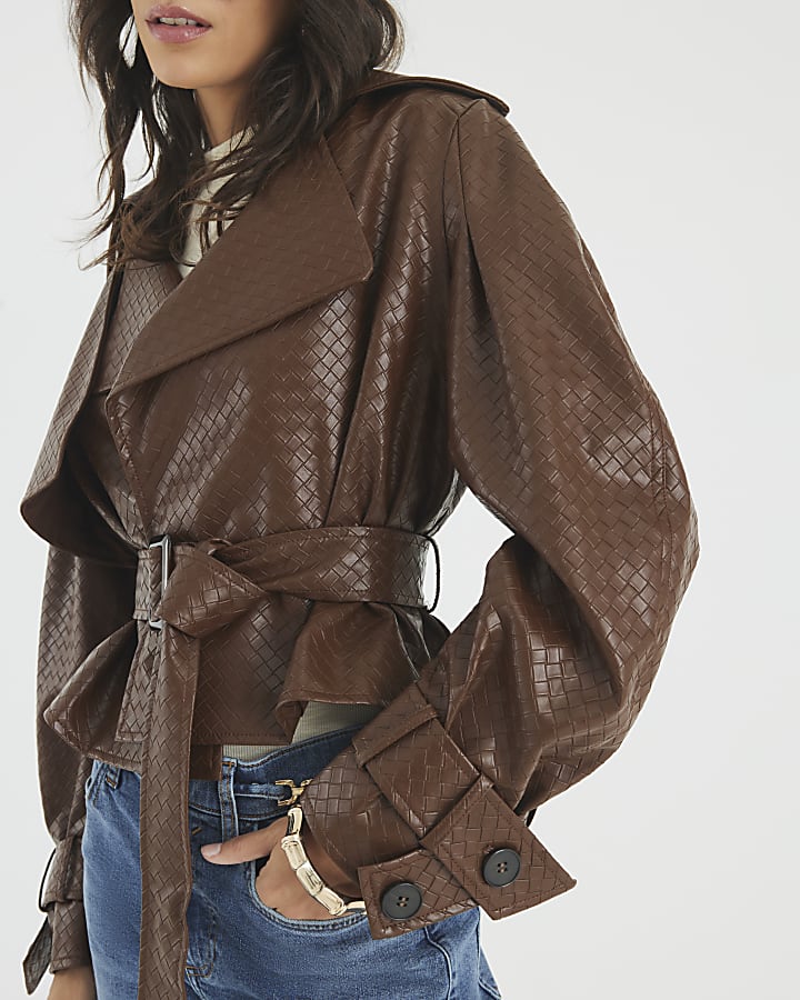 Brown Faux Leather Woven Trench jacket