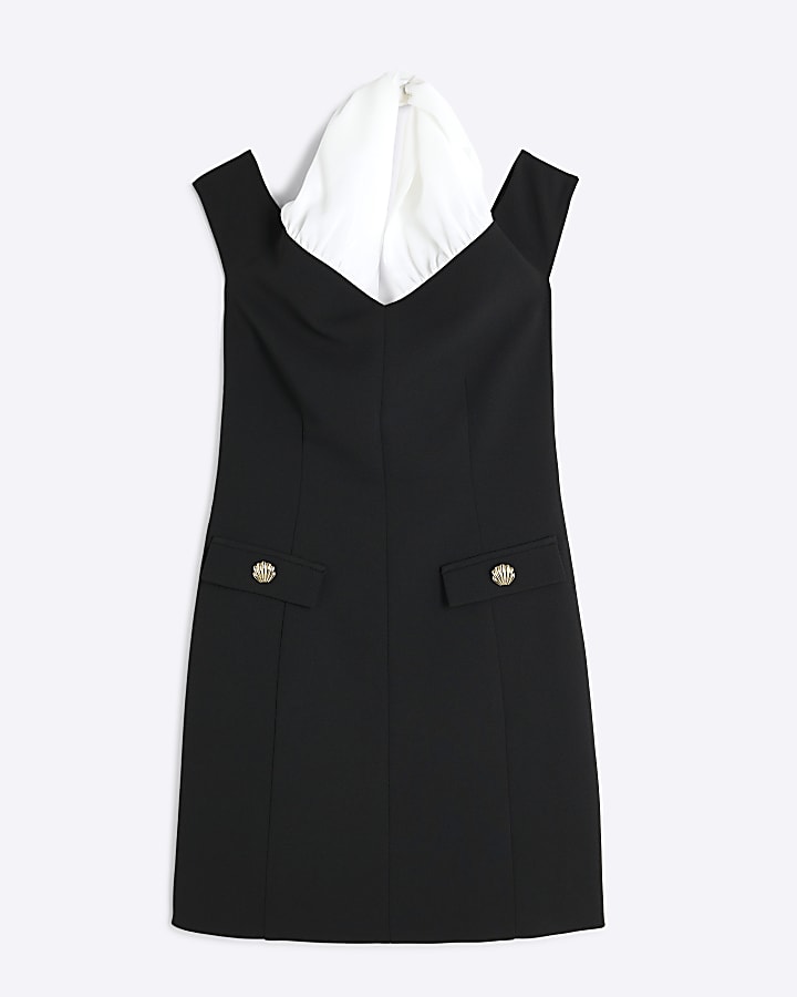 Black Halter Neck Shell Detail Mini Dress