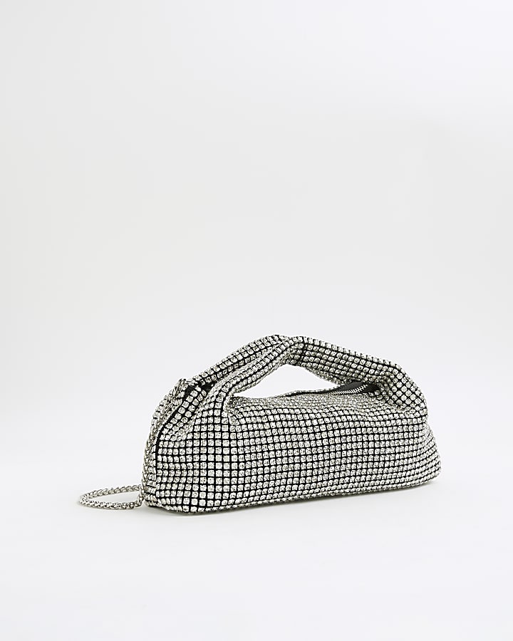 Silver Premium Diamante Scoop Clutch bag