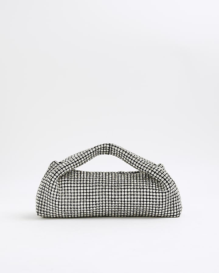 Silver Premium Diamante Scoop Clutch bag