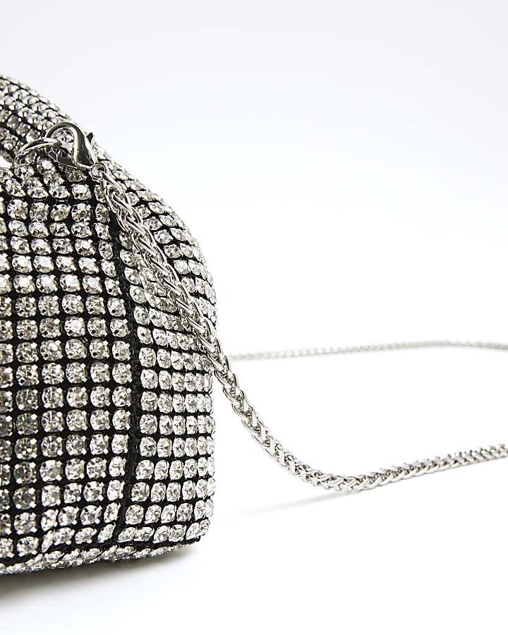 Silver Premium Diamante Scoop Clutch bag