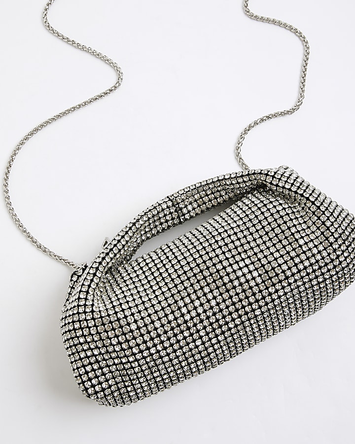 Silver Premium Diamante Scoop Clutch bag