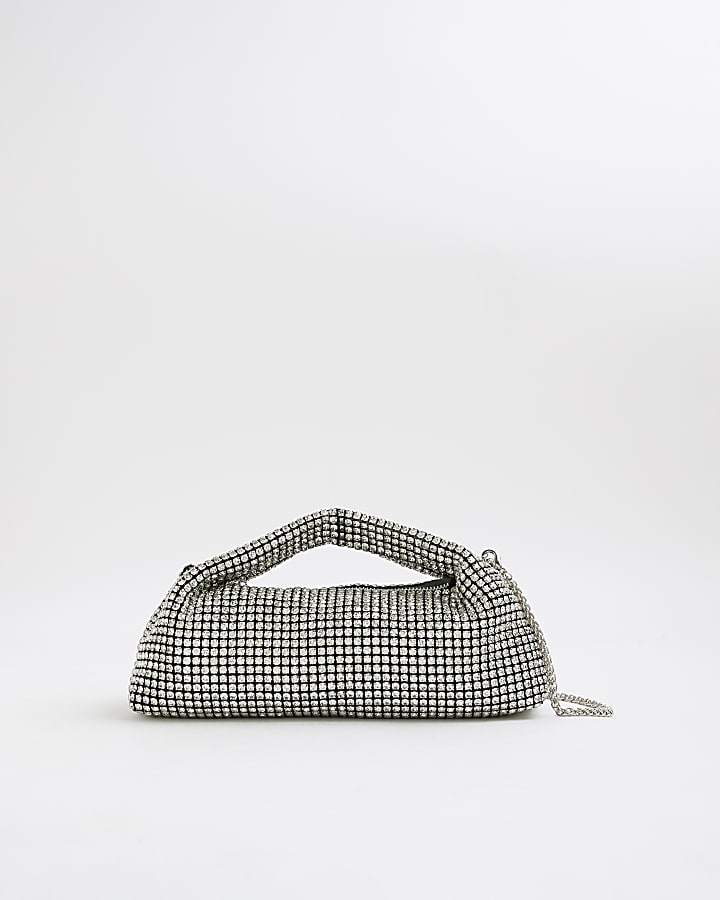 Silver Premium Diamante Scoop Clutch bag