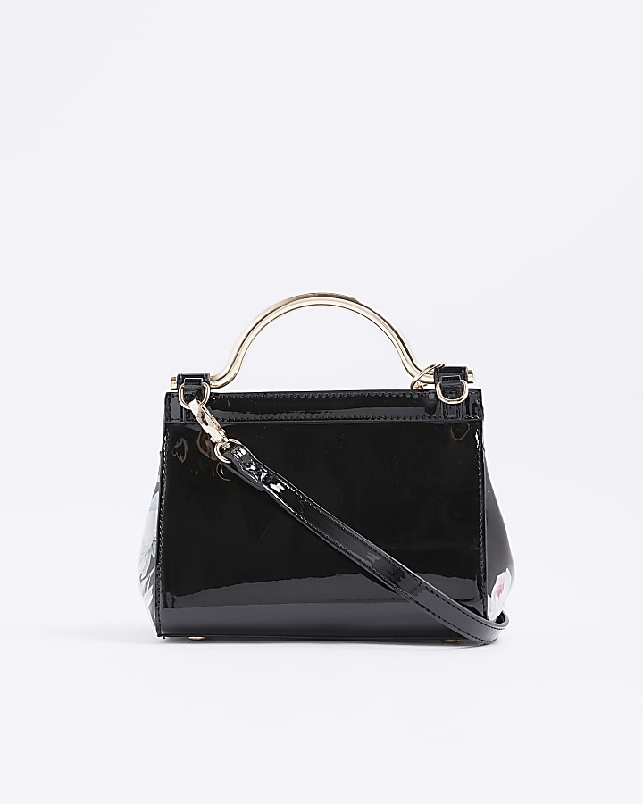 Black Floral Metal Handle Mini Tote Bag