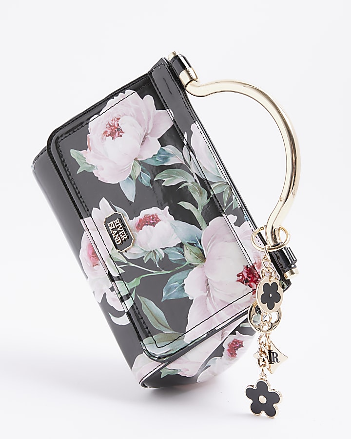 Black Floral Metal Handle Mini Tote Bag