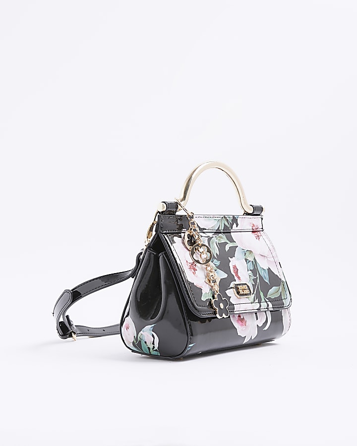 Black Floral Metal Handle Mini Tote Bag