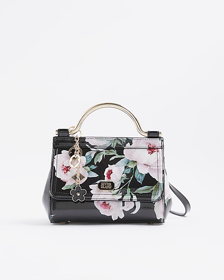 Black Floral Metal Handle Mini Tote Bag