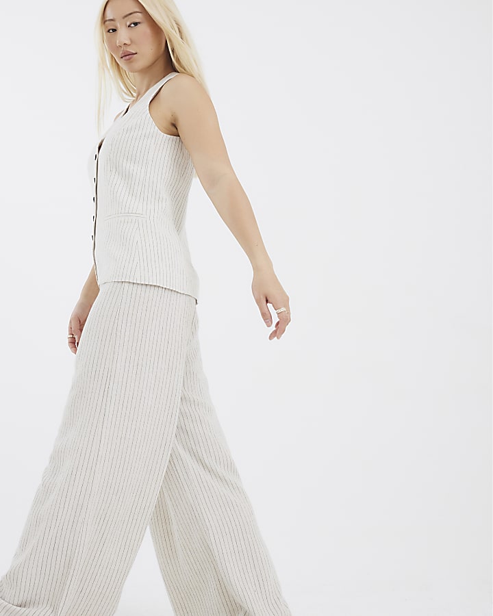 Stone Stripe Linen Blend Wide Leg Trousers