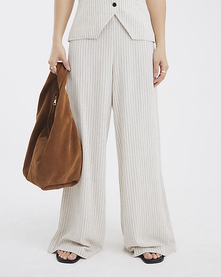 Stone Stripe Linen Blend Wide Leg Trousers