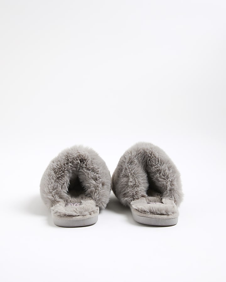 Grey Faux Fur Mule Slippers