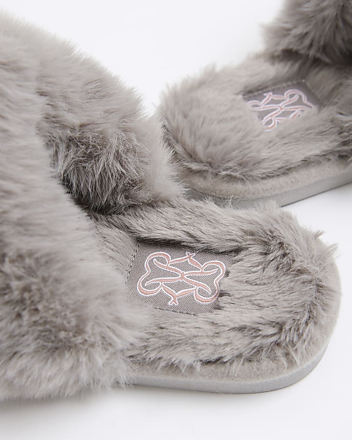 Grey Faux Fur Mule Slippers