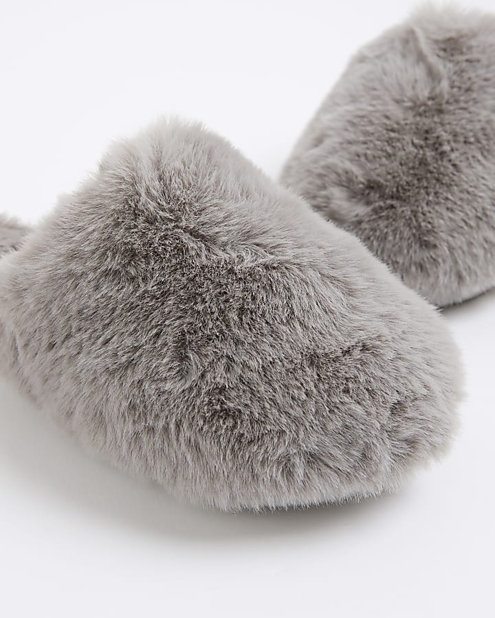 Grey Faux Fur Mule Slippers