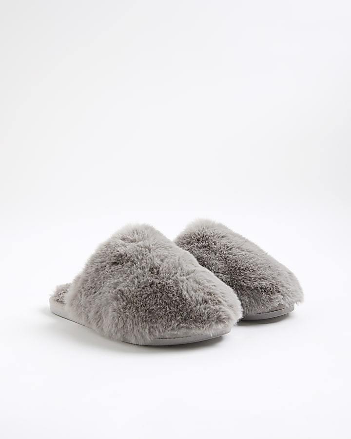 Grey Faux Fur Mule Slippers