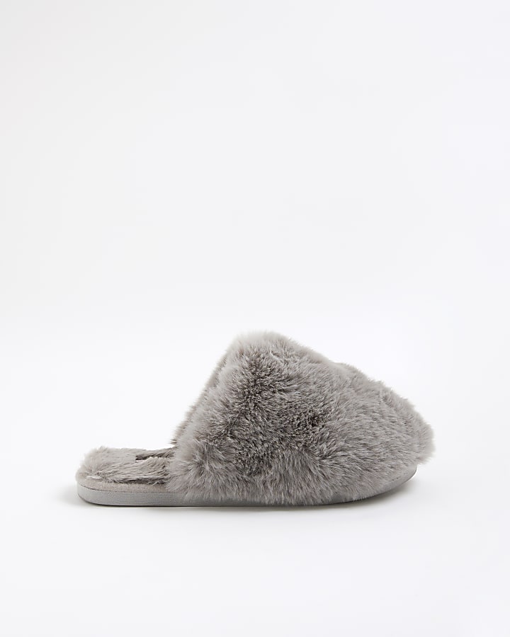 Grey Faux Fur Mule Slippers