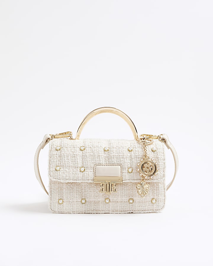 Cream Metal Handle Quilted Tote