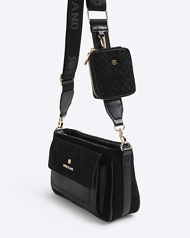 Black Monogram Faux Suede Cross Body Bag