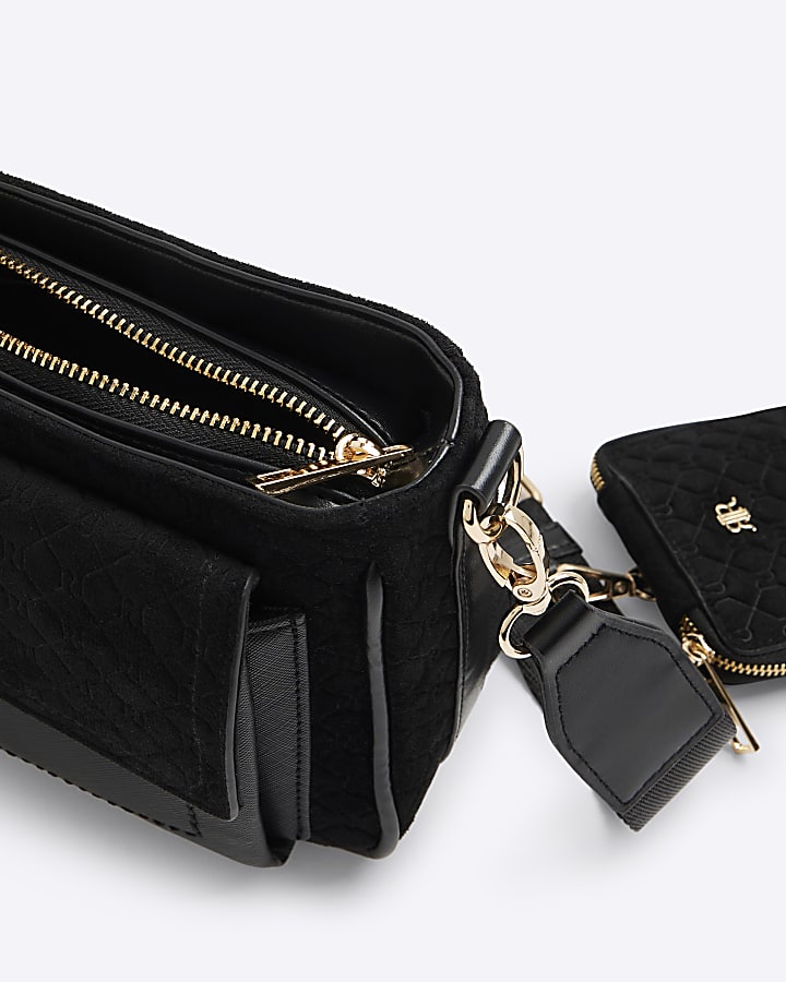Black Monogram Faux Suede Cross Body Bag