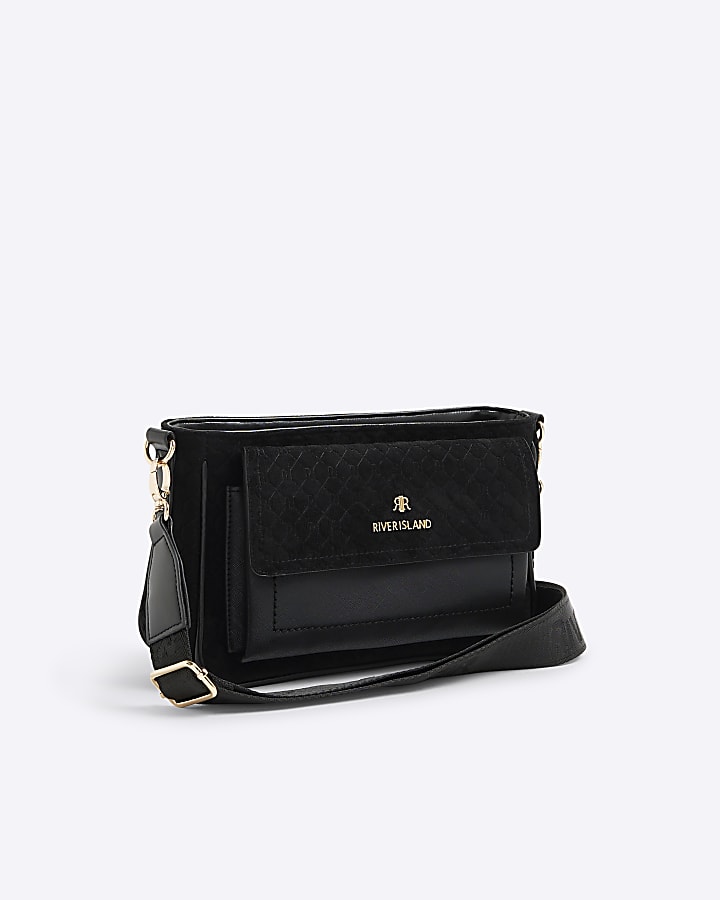 Black Monogram Faux Suede Cross Body Bag