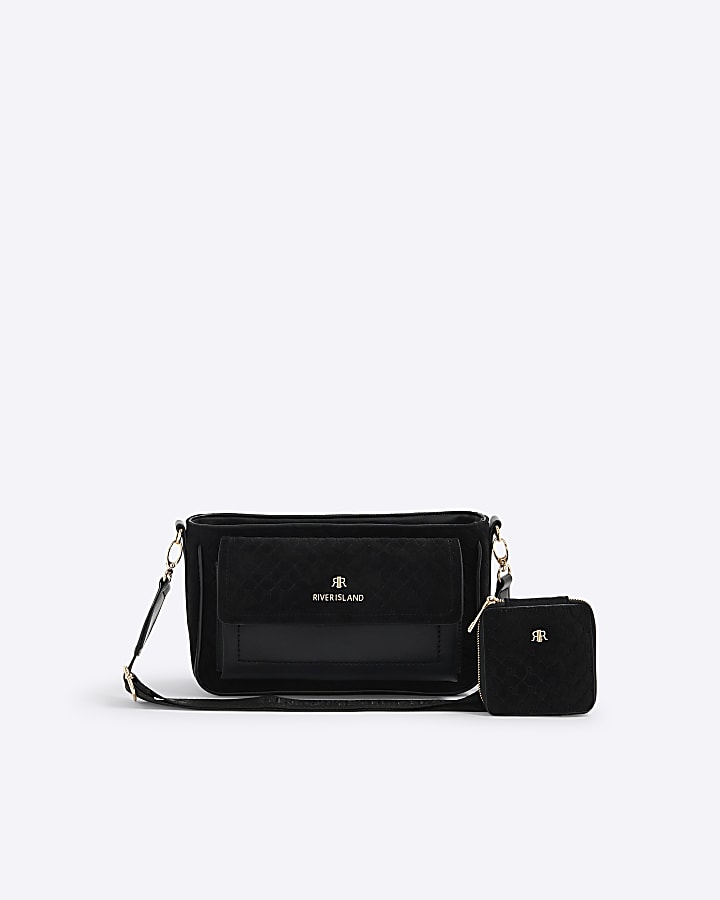 Black Monogram Faux Suede Cross Body Bag