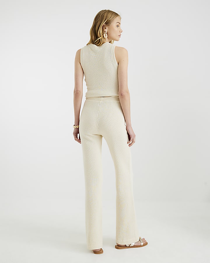 Cream Textured Wide Leg Trousers
