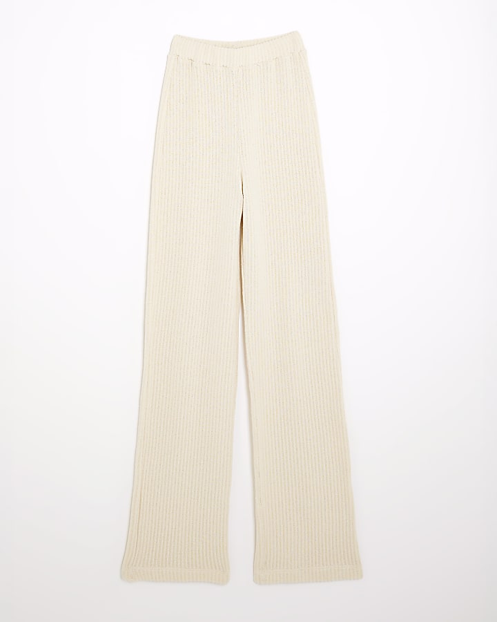 Cream Textured Wide Leg Trousers