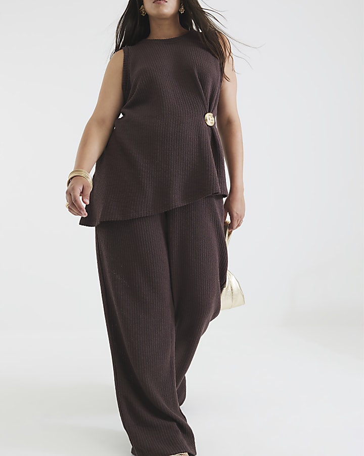Brown Ribbed Wide Leg Trousers